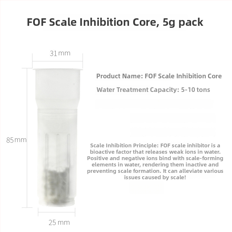 FOF skalės inhibicijos branduolys priekinio filtro elementui – be fosforo, talpa 5 g/10 g, centrinio skylės vieta priekinio filtro, skirtas namų vandens valymo įrenginiams