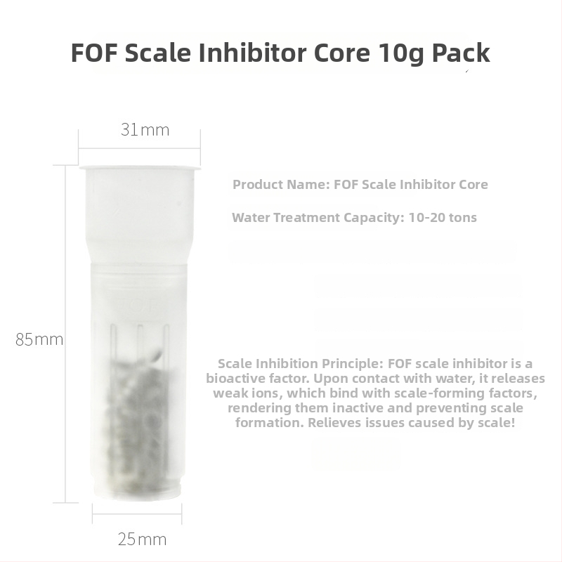 FOF skalės inhibicijos branduolys priekinio filtro elementui – be fosforo, talpa 5 g/10 g, centrinio skylės vieta priekinio filtro, skirtas namų vandens valymo įrenginiams