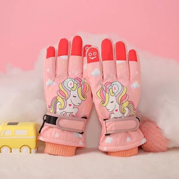 Unisex vaikiškos žieminės pirštinės, nailonas, neslidus delnas, fleece pamušalas, cartoon dizainas, amžius 7–11