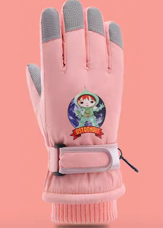 Unisex vaikiškos žieminės pirštinės, nailonas, neslidus delnas, fleece pamušalas, cartoon dizainas, amžius 7–11