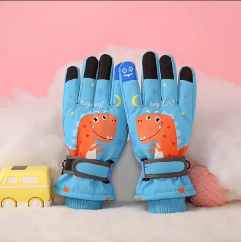 Unisex vaikiškos žieminės pirštinės, nailonas, neslidus delnas, fleece pamušalas, cartoon dizainas, amžius 7–11