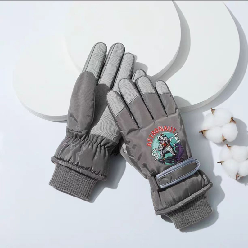 Unisex vaikiškos žieminės pirštinės, nailonas, neslidus delnas, fleece pamušalas, cartoon dizainas, amžius 7–11