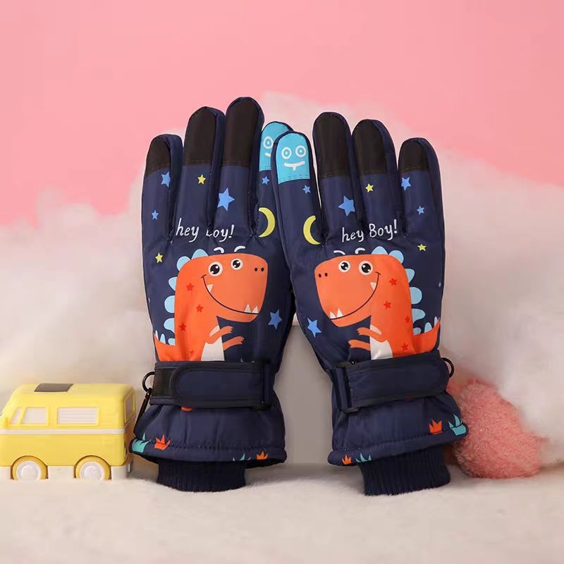 Unisex vaikiškos žieminės pirštinės, nailonas, neslidus delnas, fleece pamušalas, cartoon dizainas, amžius 7–11