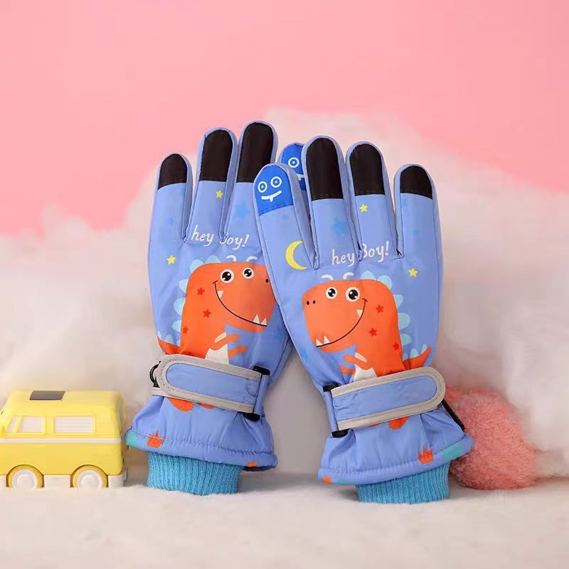 Unisex vaikiškos žieminės pirštinės, nailonas, neslidus delnas, fleece pamušalas, cartoon dizainas, amžius 7–11