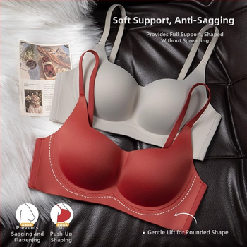 Kvadratinės kaklo liemenėlė, be siūlių, minkšta atrama, formuoti košyčiai su plonu viršumi ir storesniu apačia, pagrindinis audinys – nailonas, užpakalinė sagtis su keturiais kabliukais