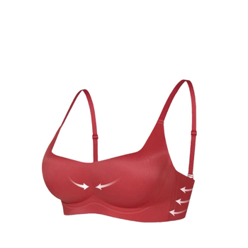 Kvadratinės kaklo liemenėlė, be siūlių, minkšta atrama, formuoti košyčiai su plonu viršumi ir storesniu apačia, pagrindinis audinys – nailonas, užpakalinė sagtis su keturiais kabliukais