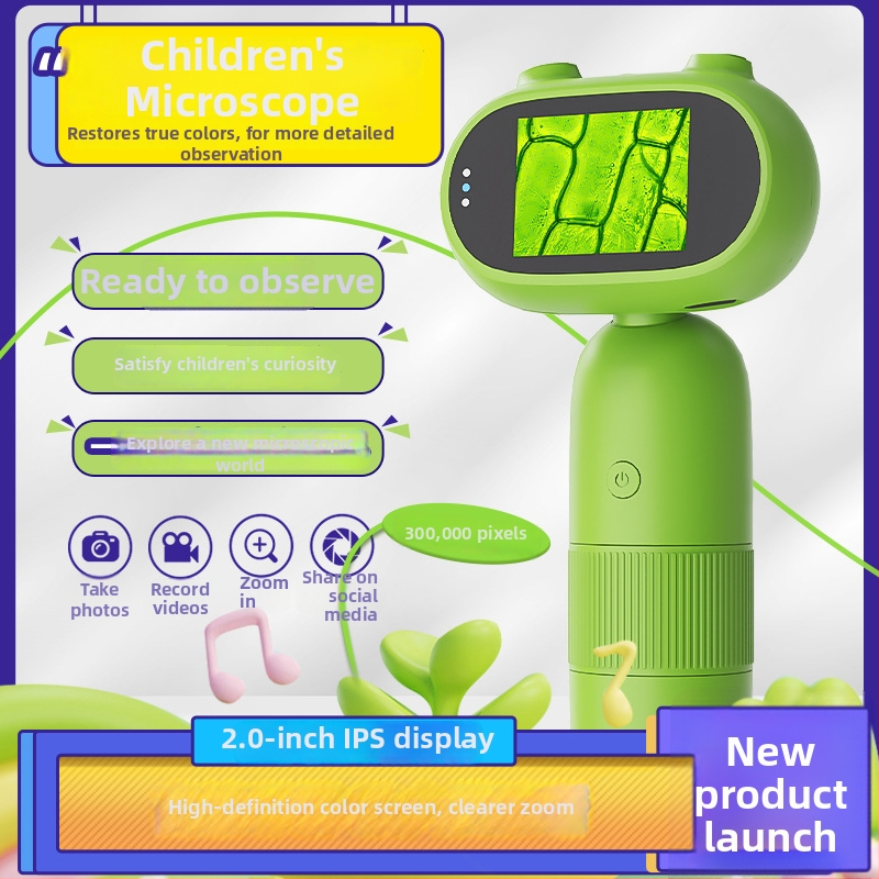 Laste digitaalne elektronmikroskoop ekraaniga, käsitsi kaasaskantav, HD-ekraan, koomiksilaadne disain, teadusele ja haridusele