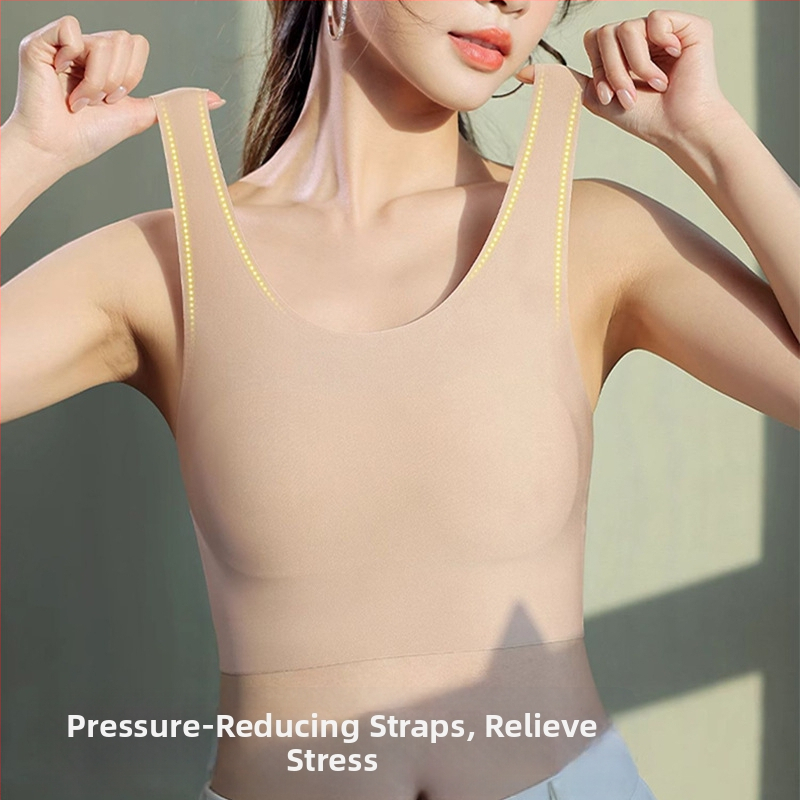 Bešveidė liemenėlė-vest, kvėpuojanti ir patogi, su fiksuotomis dvigubomis petnešėlėmis, plonos formuojančios kaušelius su medvilnine įdėklu, audinys: nailonas-spandeks