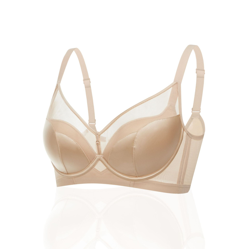 Liemenėlė iš Modal tekstilės su satino paviršiumi, formuoti nailono puodeliai, atminties minkštas plieninis žiedas paramai, nugaros užtrauktukas su keturiais kabliukais, kvėpuojantis dizainas