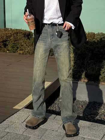 MYQ Muške traperice ravnog kroja u retro stilu - distressed denim, jesen-zima, korejski gradski stil