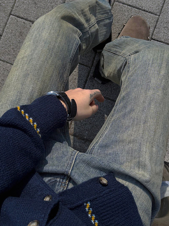 MYQ Muške traperice ravnog kroja u retro stilu - distressed denim, jesen-zima, korejski gradski stil
