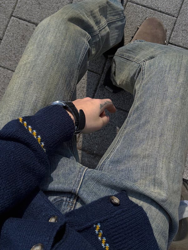 MYQ Muške traperice ravnog kroja u retro stilu - distressed denim, jesen-zima, korejski gradski stil