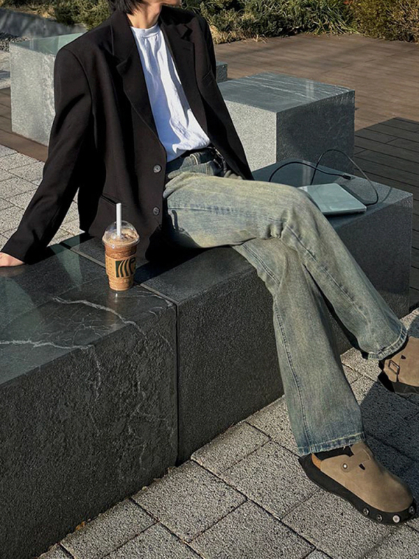 MYQ Muške traperice ravnog kroja u retro stilu - distressed denim, jesen-zima, korejski gradski stil