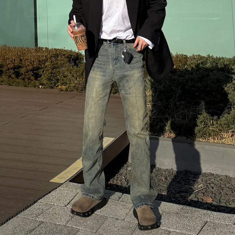 MYQ Muške traperice ravnog kroja u retro stilu - distressed denim, jesen-zima, korejski gradski stil