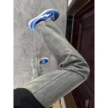 Jeansi din denim cu model de fulger, croială straight slim, talie medie, închidere cu fermoar