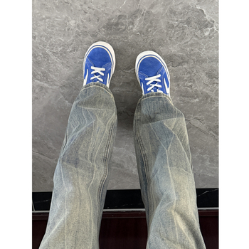 Jeansi din denim cu model de fulger, croială straight slim, talie medie, închidere cu fermoar