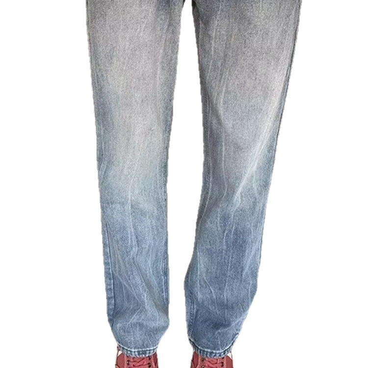 Jeansi din denim cu model de fulger, croială straight slim, talie medie, închidere cu fermoar