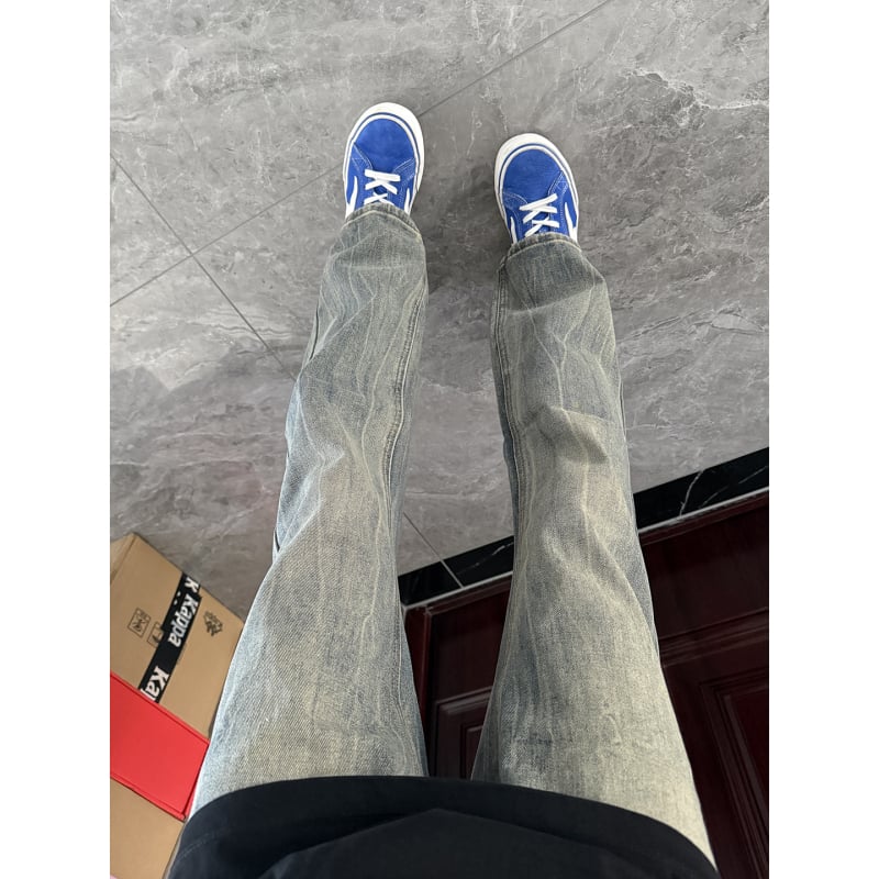 Jeansi din denim cu model de fulger, croială straight slim, talie medie, închidere cu fermoar