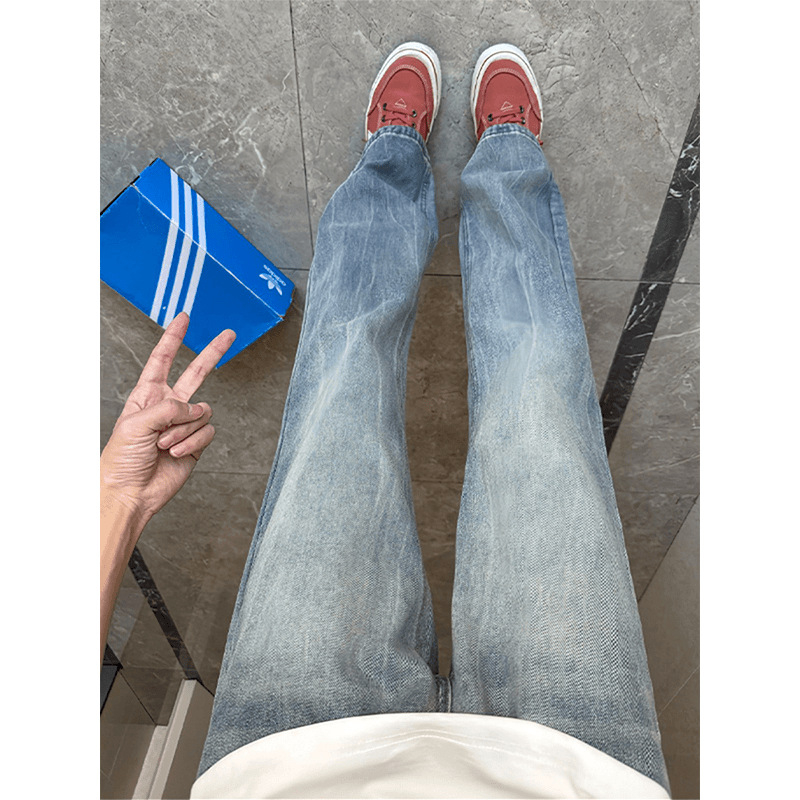 Jeansi din denim cu model de fulger, croială straight slim, talie medie, închidere cu fermoar