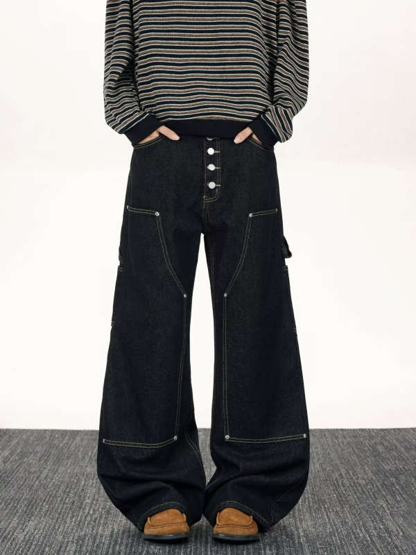 Jeansi pentru bărbați cu croială dreaptă, talie medie, închidere cu nasturi, denim din bumbac amestec, stil urban