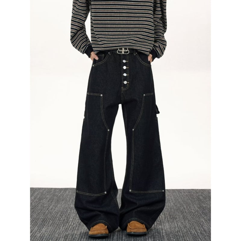 Jeansi pentru bărbați cu croială dreaptă, talie medie, închidere cu nasturi, denim din bumbac amestec, stil urban