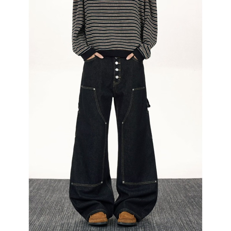 Jeansi pentru bărbați cu croială dreaptă, talie medie, închidere cu nasturi, denim din bumbac amestec, stil urban