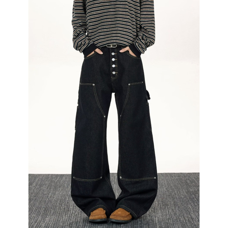 Jeansi pentru bărbați cu croială dreaptă, talie medie, închidere cu nasturi, denim din bumbac amestec, stil urban