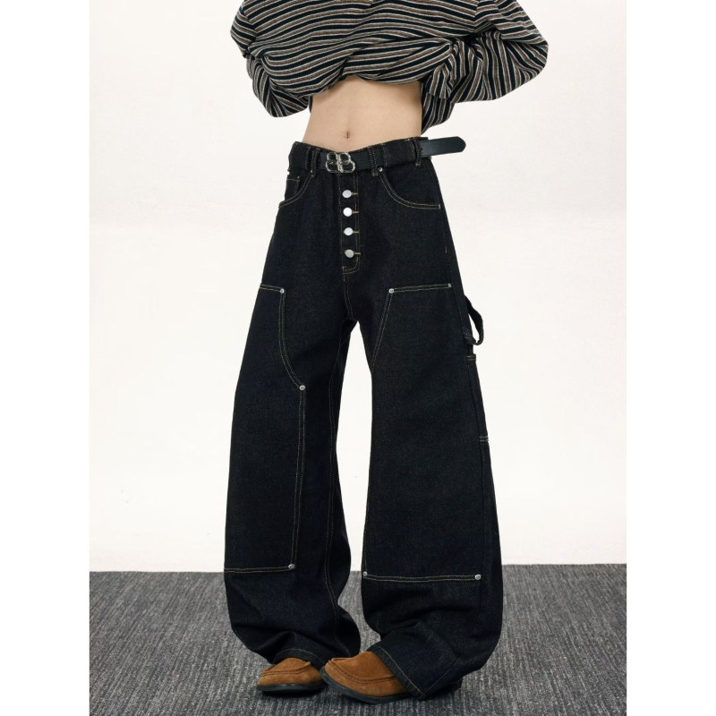 Jeansi pentru bărbați cu croială dreaptă, talie medie, închidere cu nasturi, denim din bumbac amestec, stil urban