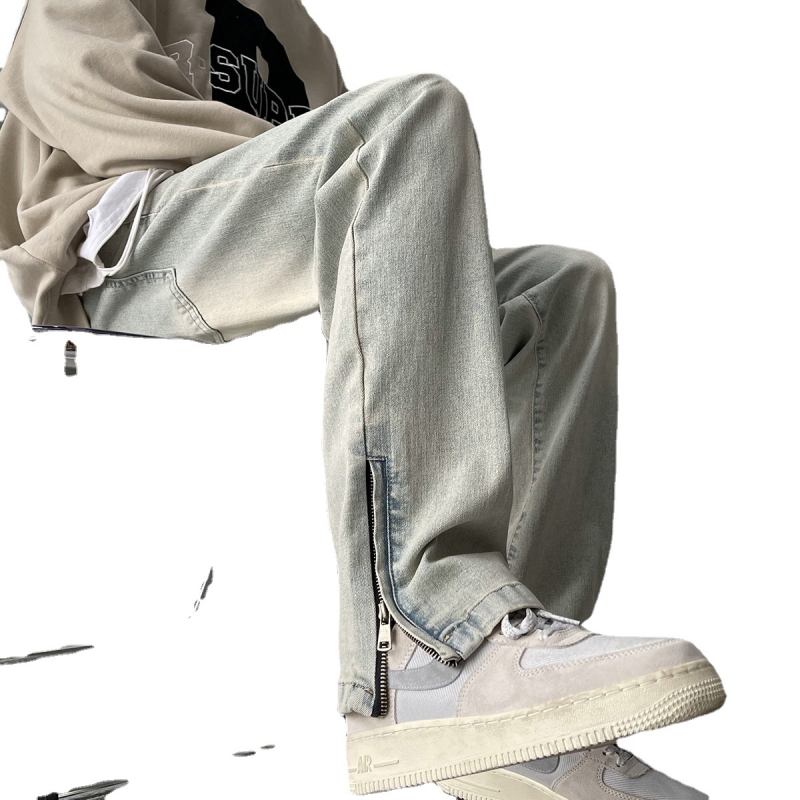 Blugi bărbați cu fermoar lateral, croială drept, denim spălat, talie medie, 60% bumbac