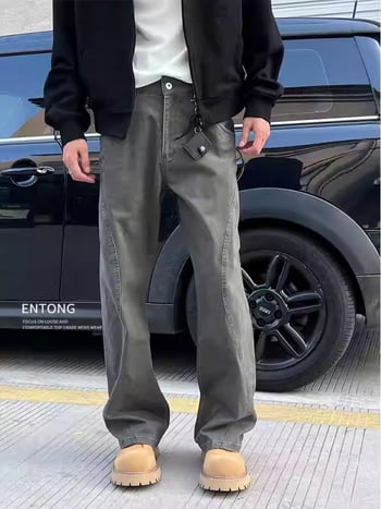 Blugi bărbați cu croială dreaptă, talie joasă, fermoar, microelasticitate, design colaj