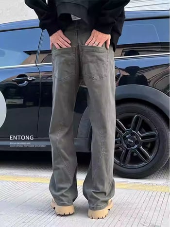 Blugi bărbați cu croială dreaptă, talie joasă, fermoar, microelasticitate, design colaj