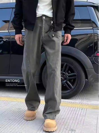 Blugi bărbați cu croială dreaptă, talie joasă, fermoar, microelasticitate, design colaj