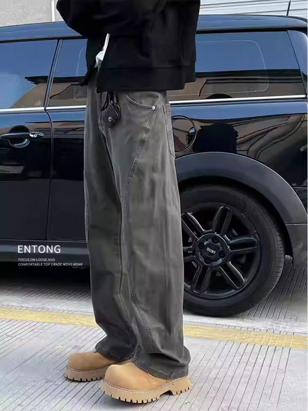 Blugi bărbați cu croială dreaptă, talie joasă, fermoar, microelasticitate, design colaj