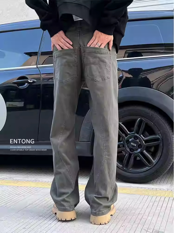 Blugi bărbați cu croială dreaptă, talie joasă, fermoar, microelasticitate, design colaj