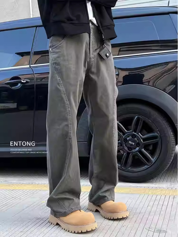 Blugi bărbați cu croială dreaptă, talie joasă, fermoar, microelasticitate, design colaj