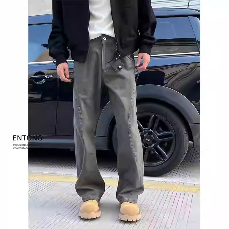 Blugi bărbați cu croială dreaptă, talie joasă, fermoar, microelasticitate, design colaj