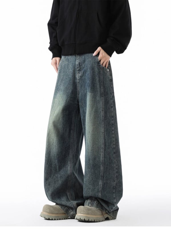 Muške traperice širokih nogavica, jesen-zimski stil, ležerni ravni kroj s drapiranim siluetom, pran vintage