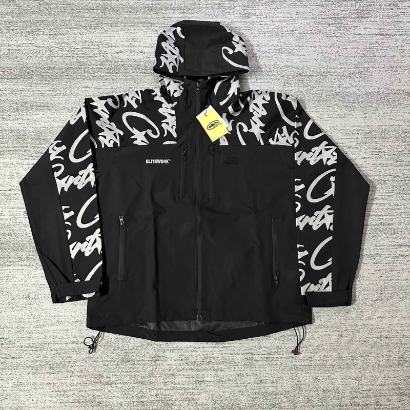 Palton masculin în stil stradal, guler înalt, fermoar, croială lejeră, buzunare laterale, broderie jacquard