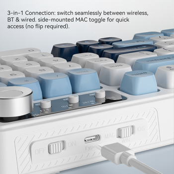 AF98 membraninis klaviatūra su 88–98 klavišų, RGB apšvietimas, trijų režimų ryšys (Bluetooth, USB-C laidinis, 2.4G belaidis), atspari vandeniui, ABS korpusas.