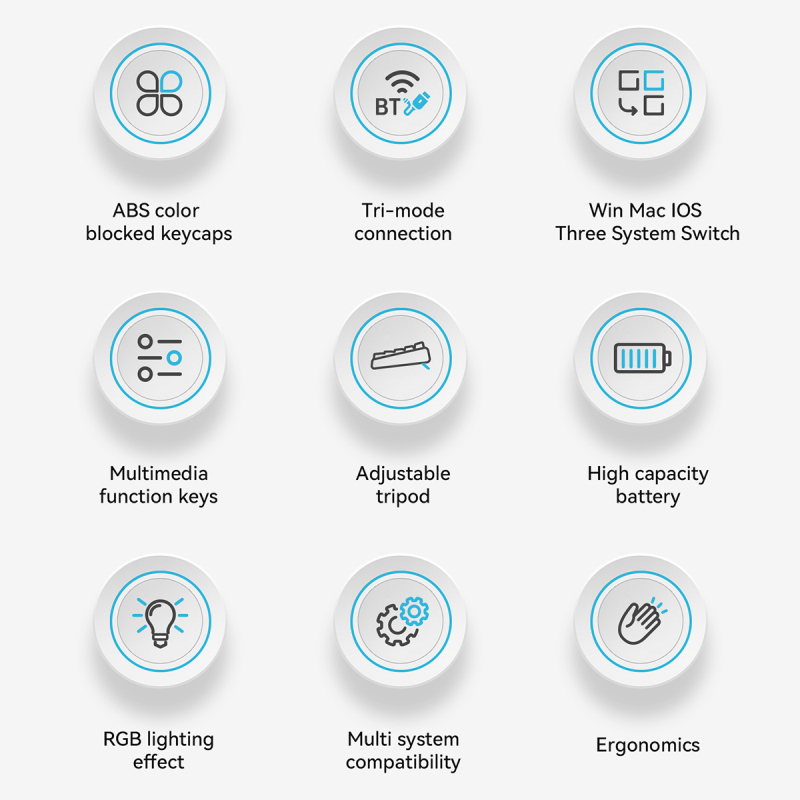 AF98 membraninis klaviatūra su 88–98 klavišų, RGB apšvietimas, trijų režimų ryšys (Bluetooth, USB-C laidinis, 2.4G belaidis), atspari vandeniui, ABS korpusas.