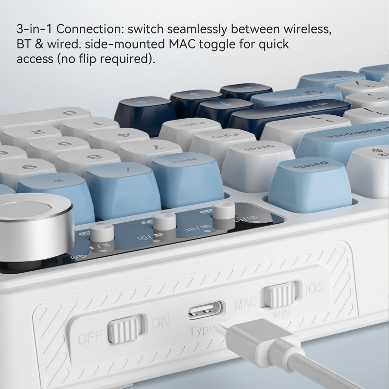 AF98 membraninis klaviatūra su 88–98 klavišų, RGB apšvietimas, trijų režimų ryšys (Bluetooth, USB-C laidinis, 2.4G belaidis), atspari vandeniui, ABS korpusas.