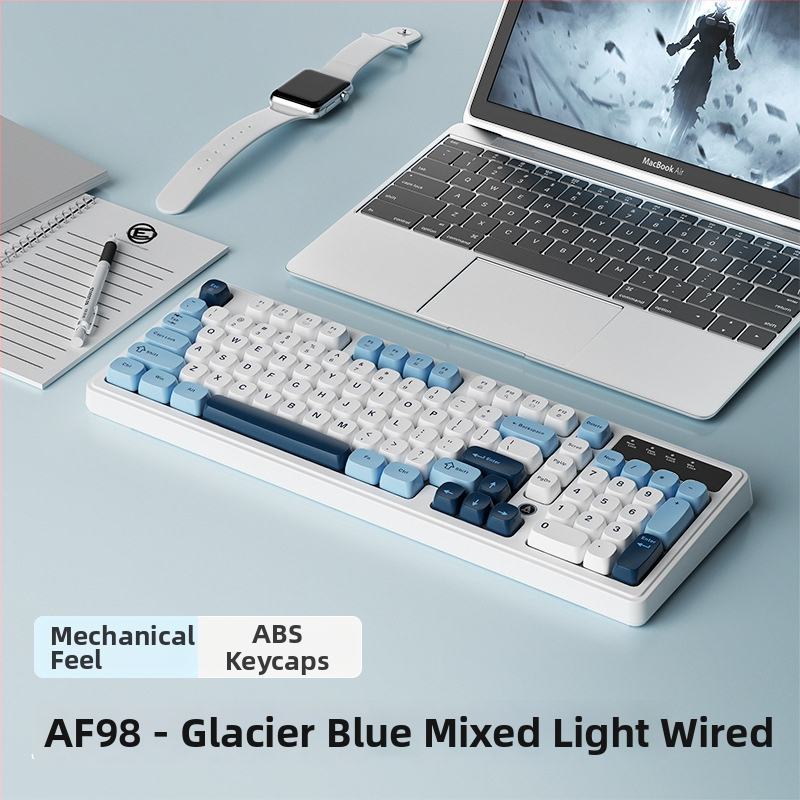 AF98 membraninis klaviatūra su 88–98 klavišų, RGB apšvietimas, trijų režimų ryšys (Bluetooth, USB-C laidinis, 2.4G belaidis), atspari vandeniui, ABS korpusas.