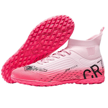 Futbolo bateliai su aukštu viršumi, ilgomis smeigėmis, viršutė iš sintetinės odos, neslystanti guma padas, tinka natūraliai ir dirbtinei žolei