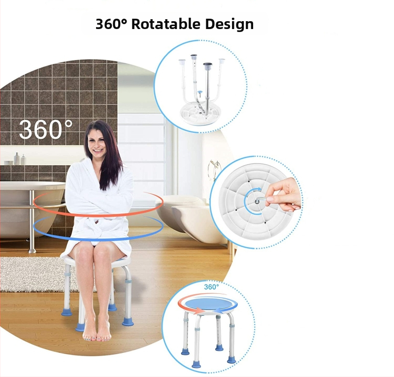 Dušas krēsls ar 360° pagriezienu, regulējams augstums, apļveida vannas krēsls, oksidēta apdare