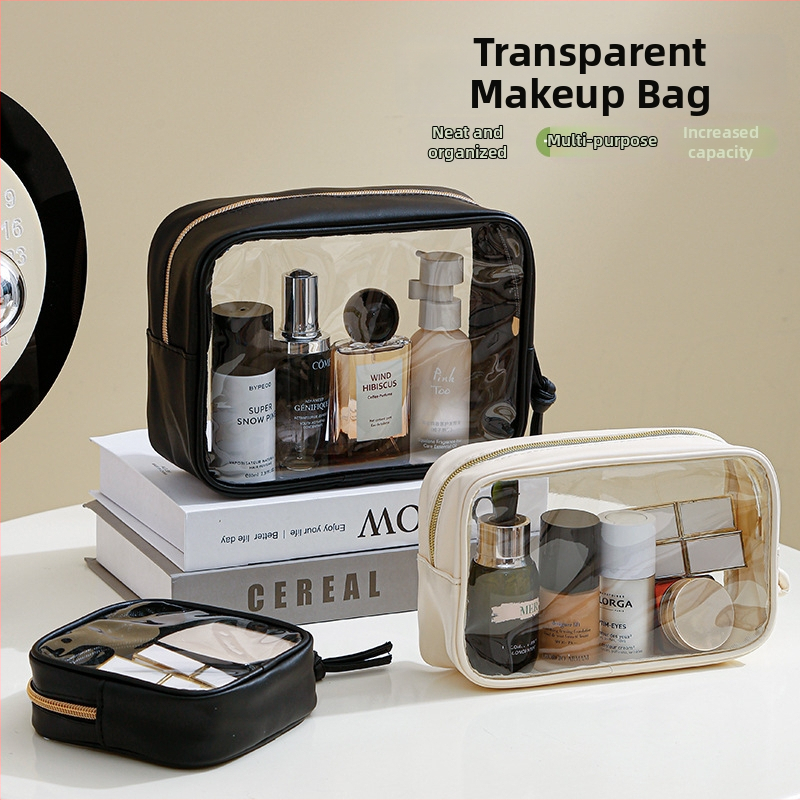 Kozmetická taška, priehľadná PVC, tvar kocky, viacúčelová pre cestovanie a uskladnenie make-upu (PVC materiál; tvar kocky; viacúčelová; make-up skladovanie)
