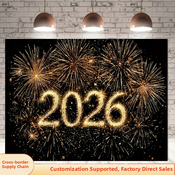Uue aasta taustplakat säravate ilutulestike ja kuldse helguse kujundusega – polüesterkangas, ilma lipuvardaeta, ilma logo trükita, pakkimine Opp bag