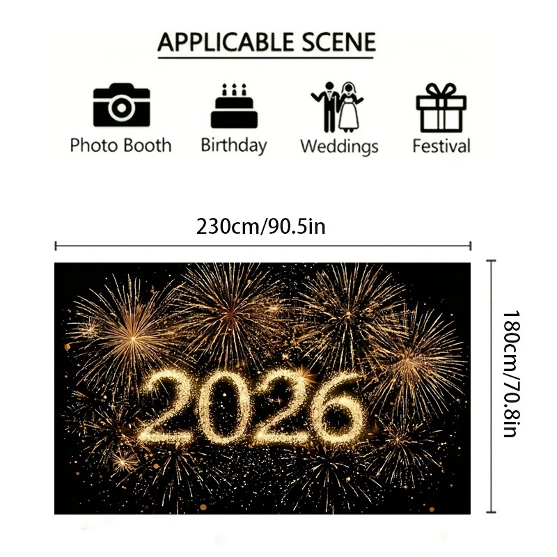 Uue aasta taustplakat säravate ilutulestike ja kuldse helguse kujundusega – polüesterkangas, ilma lipuvardaeta, ilma logo trükita, pakkimine Opp bag