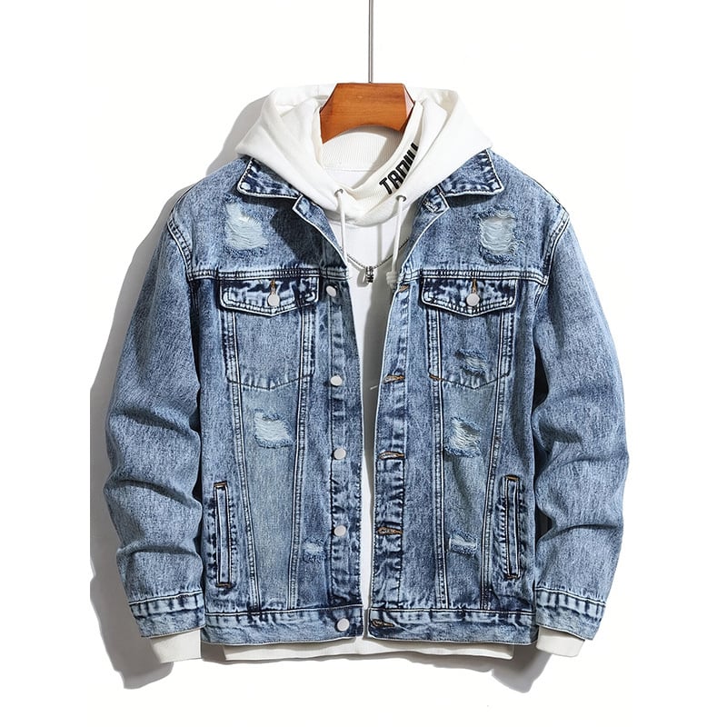 Jachetă denim pentru bărbați cu glugă, croială slim, închidere cu nasturi simple, 76% bumbac, buzunare laterale, primăvară-toamnă 2025