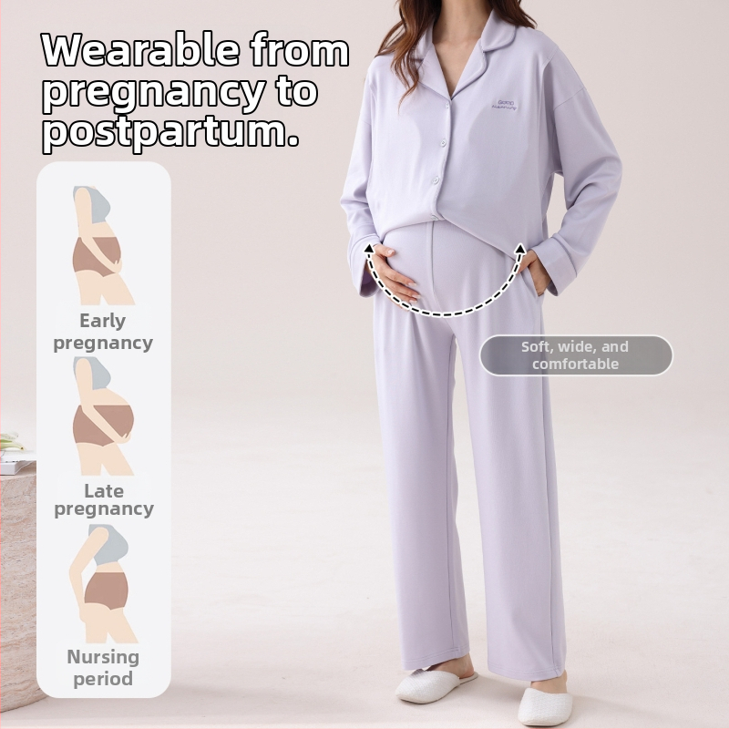 Nėštumo slaugos pižama pavasariui ir rudeniui — elastinga medvilnė, ilgos rankovės, kardigano stiliaus apykaklė su lapeliu, krūties įdėklai, 95–100% medvilnė, vidutinio svorio audinys (161–180 g/m²)