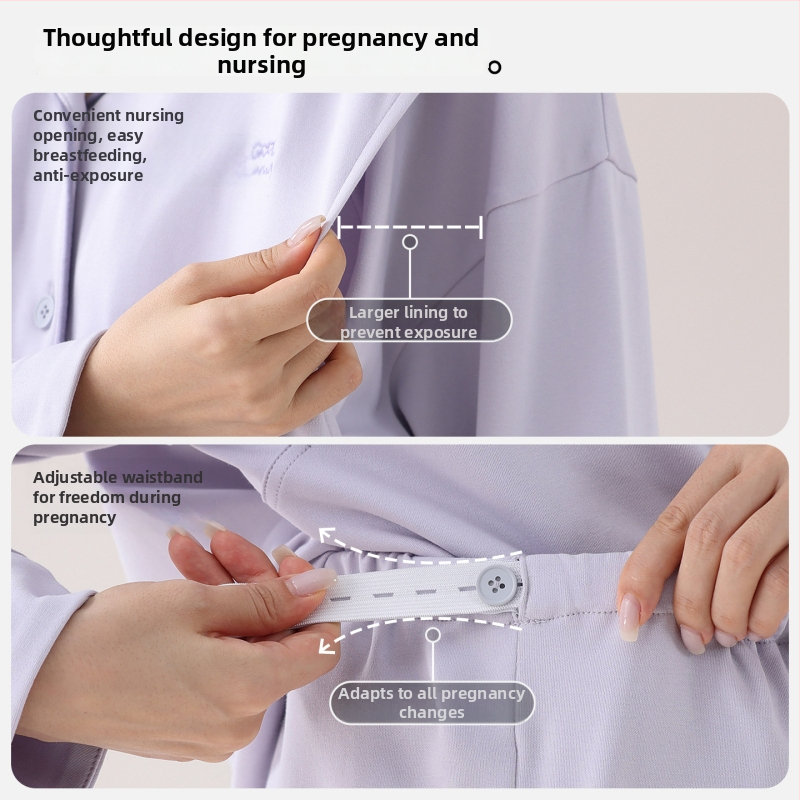 Nėštumo slaugos pižama pavasariui ir rudeniui — elastinga medvilnė, ilgos rankovės, kardigano stiliaus apykaklė su lapeliu, krūties įdėklai, 95–100% medvilnė, vidutinio svorio audinys (161–180 g/m²)